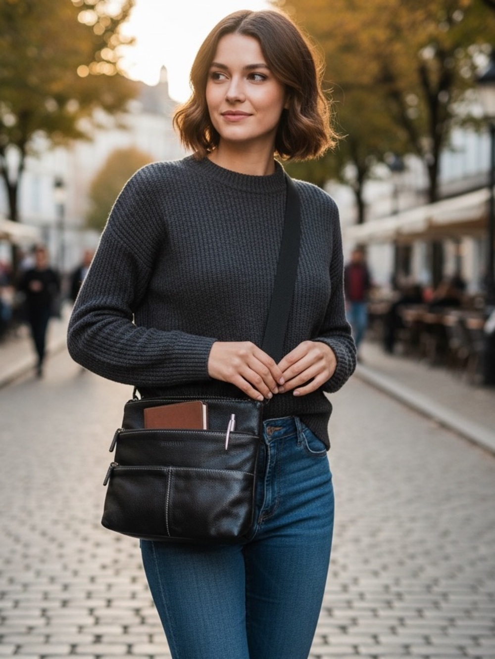 ROOTS Canada Black Pebbled Leather Crossbody Multi-Pocket Messenger Bag